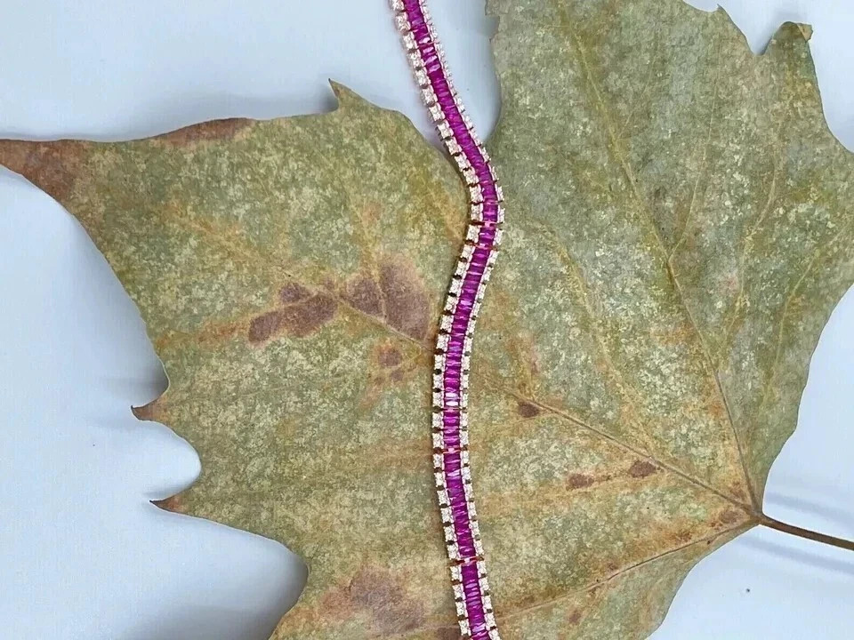 10Ct Baguette Cut Lab Created Ruby& Diamond Tennis Bracelet 14K Gold Plated 8″