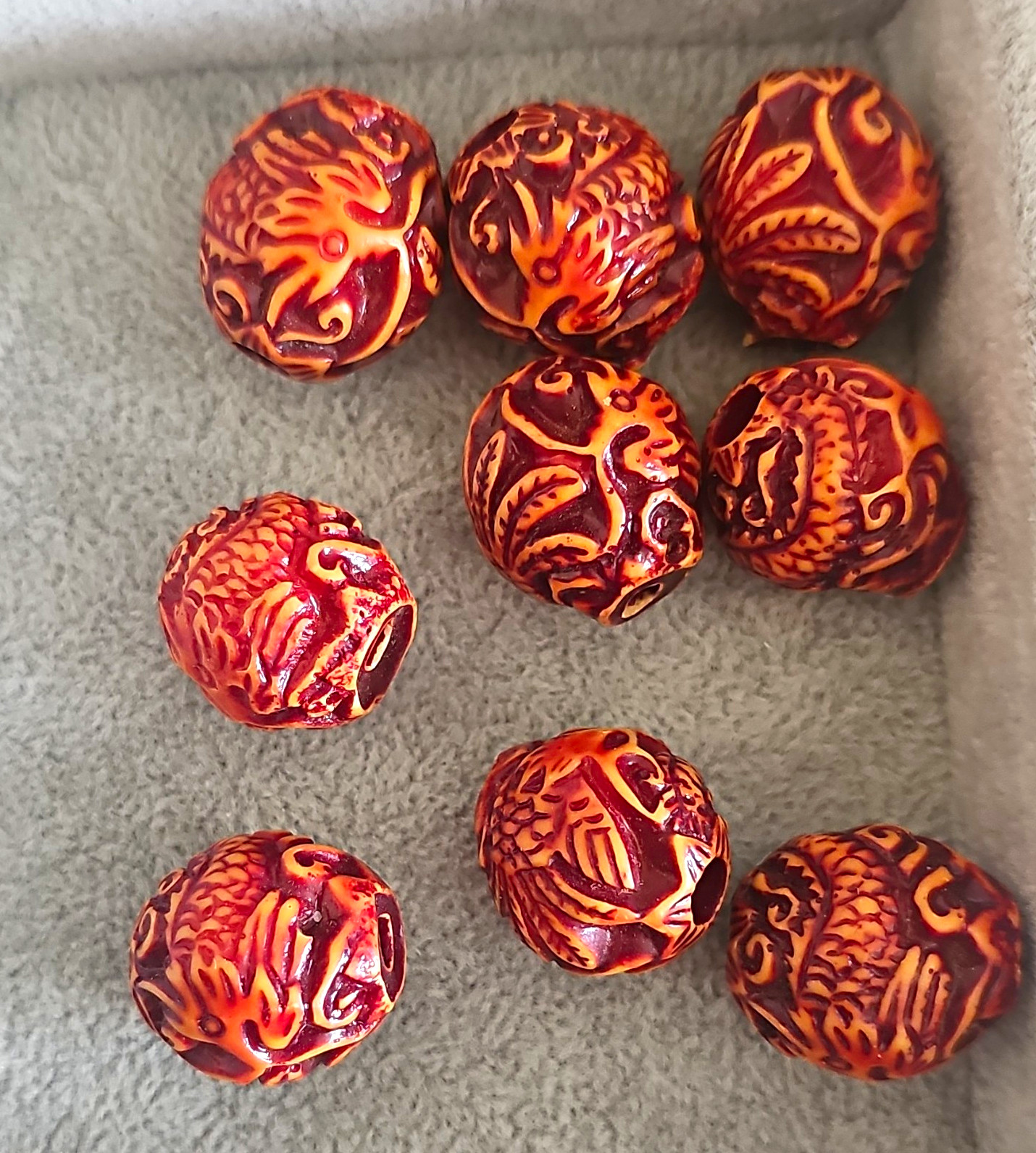 Carved Resin Dragon /Phoenix Round Beads 20mm Orange/Brown Large Hole Lot of 9