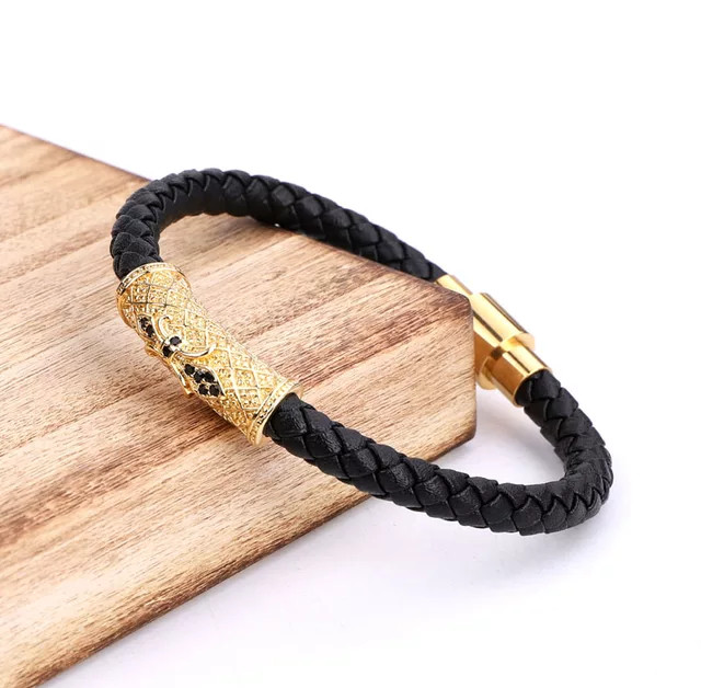 Genuine Leather Stainless Steel Gold/Silver/Black Plated Bracelet & Cubic Zircon
