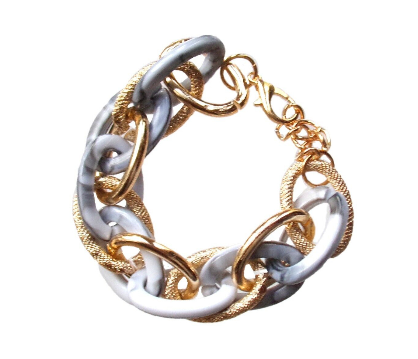 White and gold link bracelet, textured links, shiny white links, 7.5 inches New