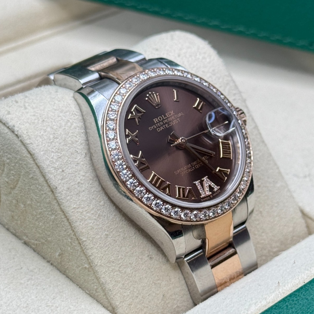 Rolex Datejust 31 Chocolate Roman Diamond Two Tone Rose Diamond Bezel Oyster