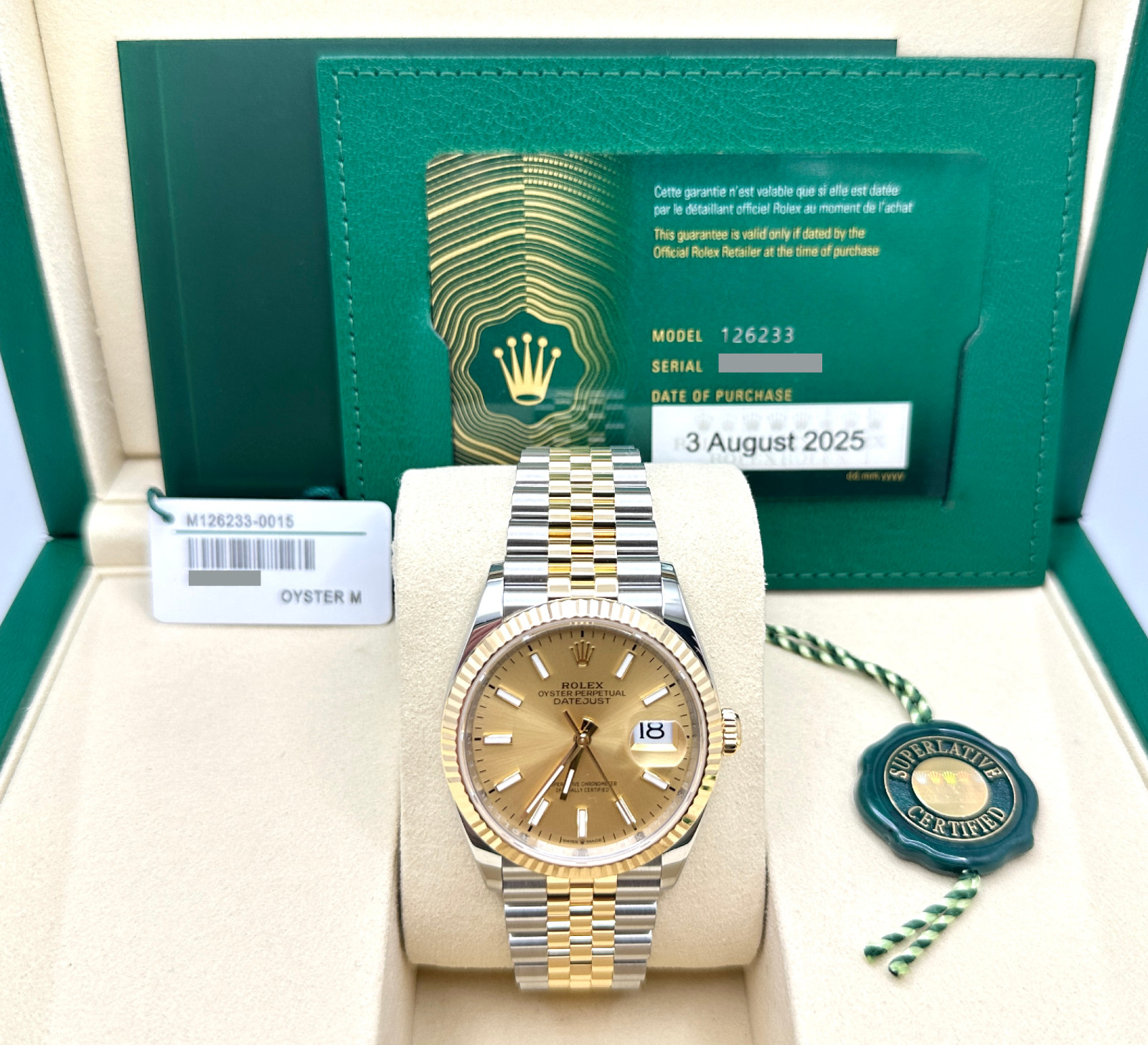 2025 Rolex Datejust 126233 36mm Champagne Dial 18K Gold Steel Box Paper Jubilee