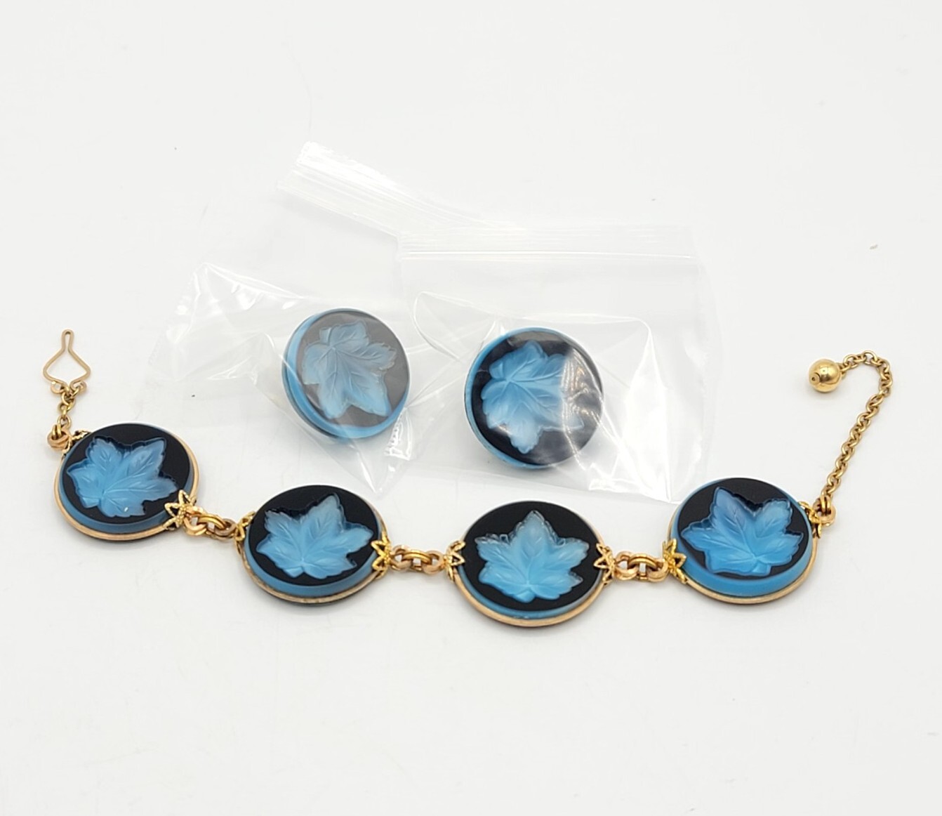 Vtg Set HILLCRAFT Bracelet Post Earrings Blue Glass Maple Leaf Intaglio Jewelry