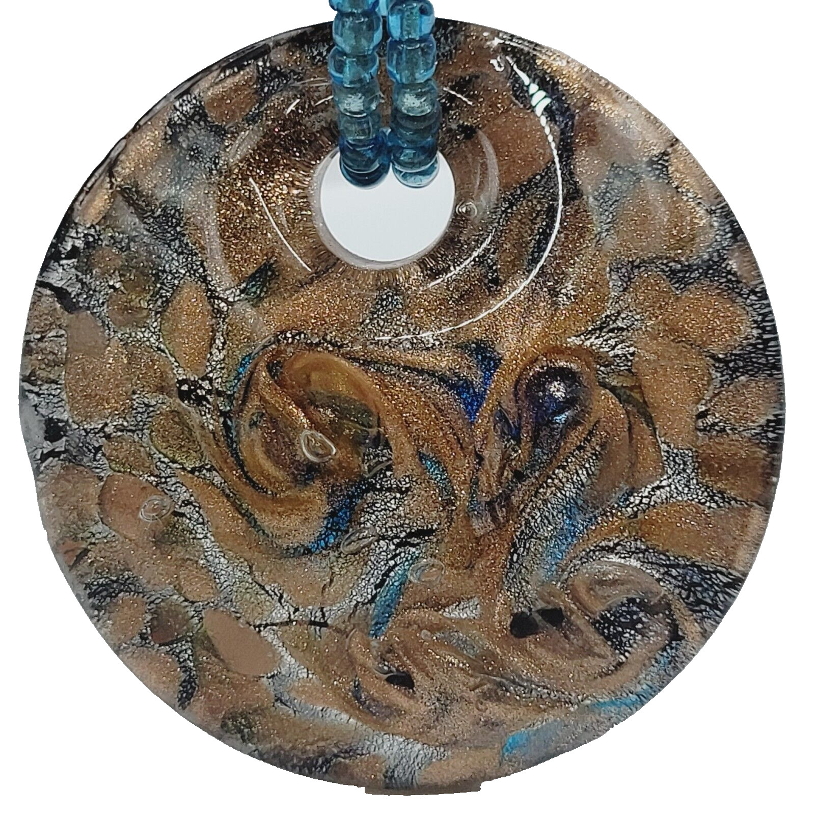8 Strand Seed Beed Necklace with Metallic Foiled Large Round Art Glass Pendant