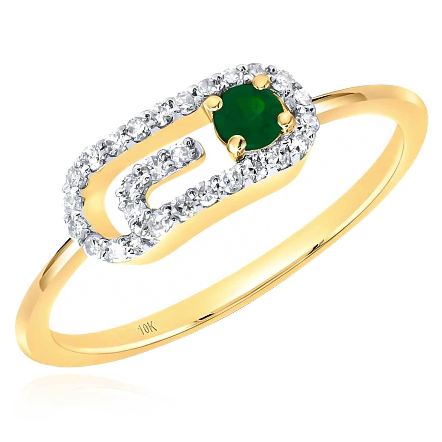 0.27CTW Real Diamond Natural Green Emerald 10K Real Gold Paperclip Cocktail Ring