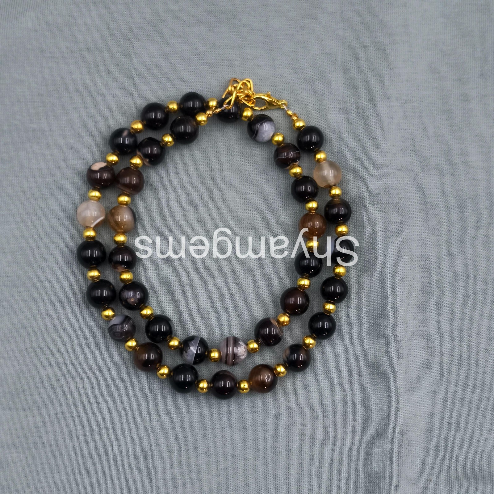 Handmade Black Sulemani Hakik Beaded Necklace, 8MM Round Gemstone, Sterling Sil