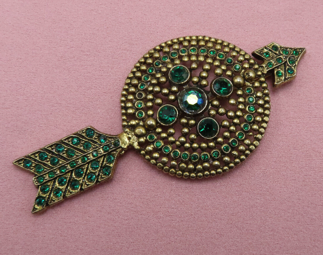 Antique Rhinestone Brooch Arrow Emerald Green Crystal 3.75 in OOAK Vintage 263f