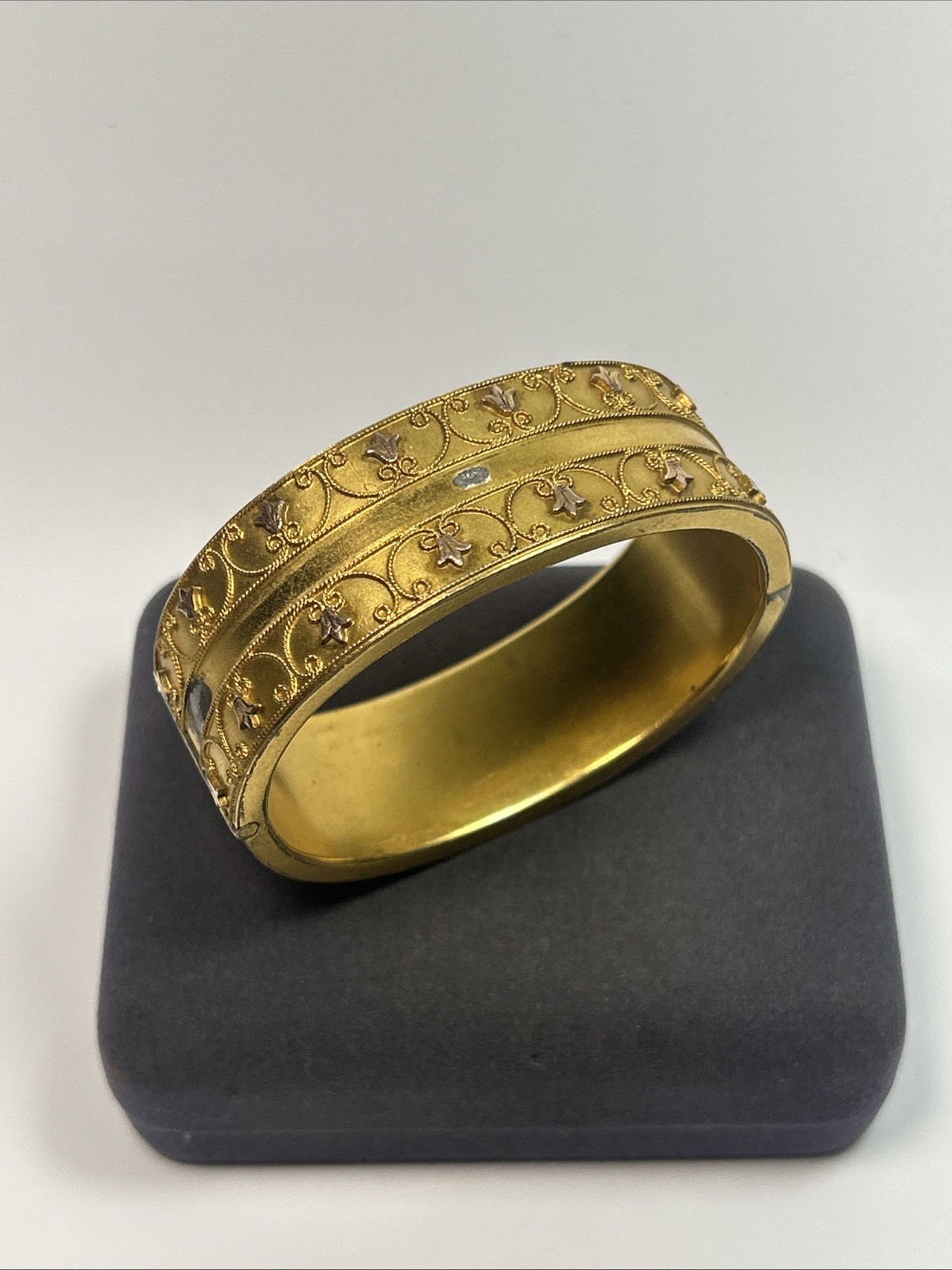 Victorian Etruscan Revival Gold Gild Wide Floral Motif Insert Clasp Bangle
