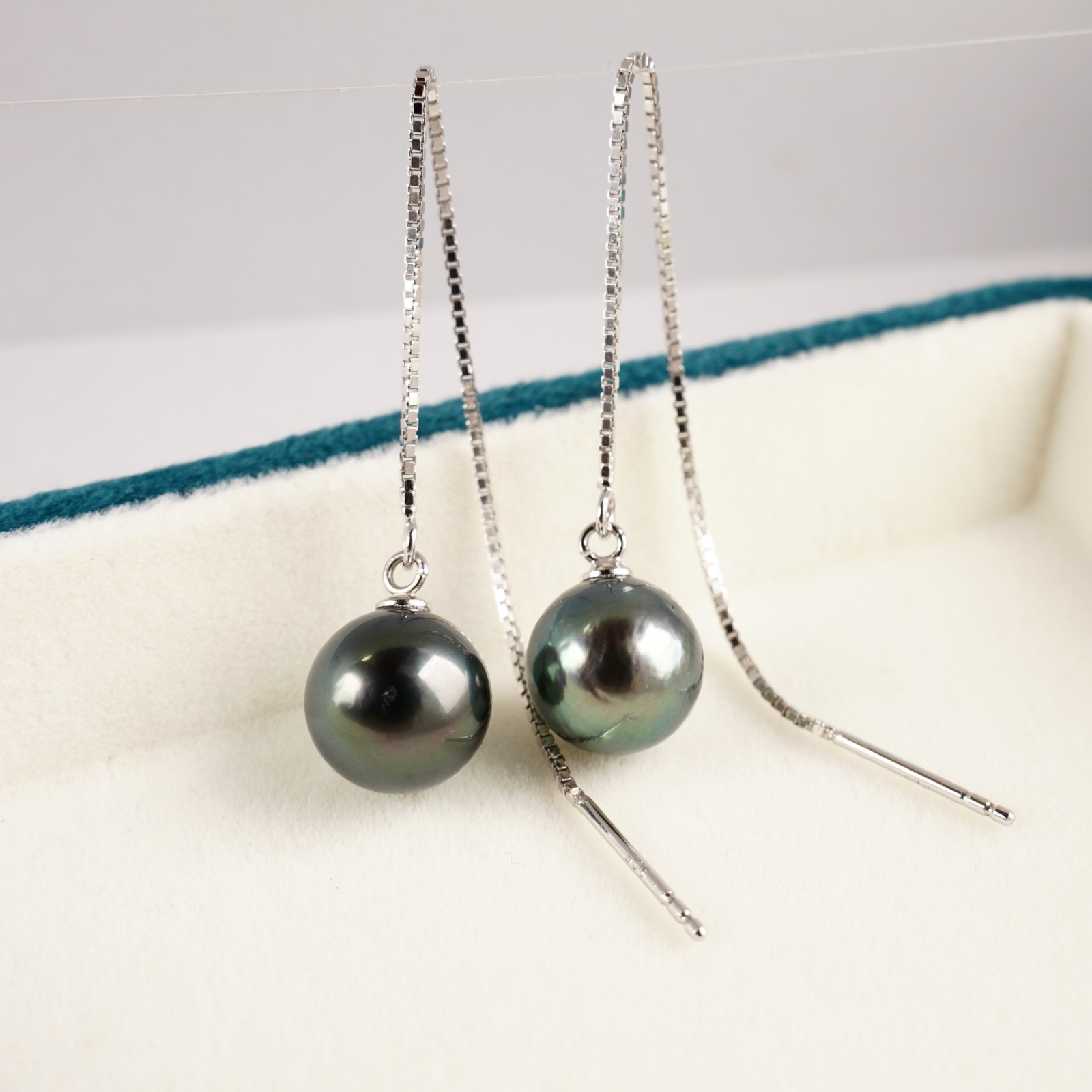 High Luster 9.7mm Tahitian Cultured Pearl Earrings Sterling Silver Threader,3.7″