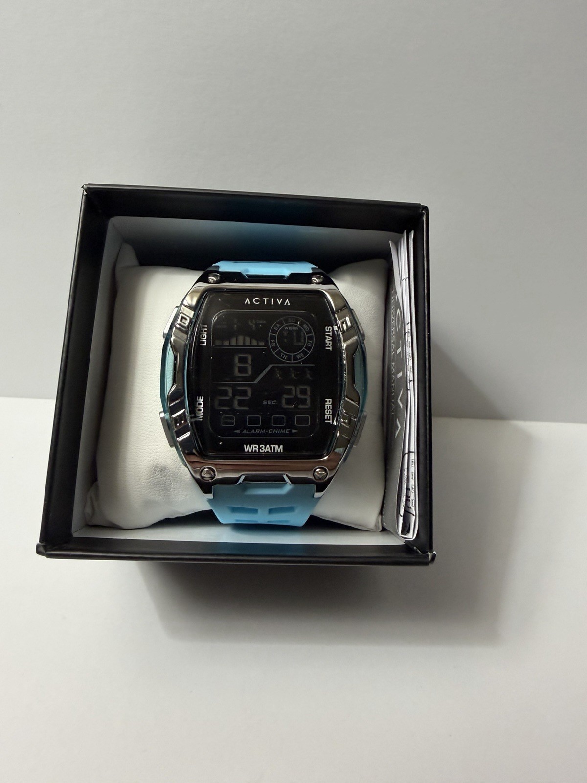 Activa ACW8130 Digital Quartz Sport Square Alarm Chrono Blue Silicone WR30m Box