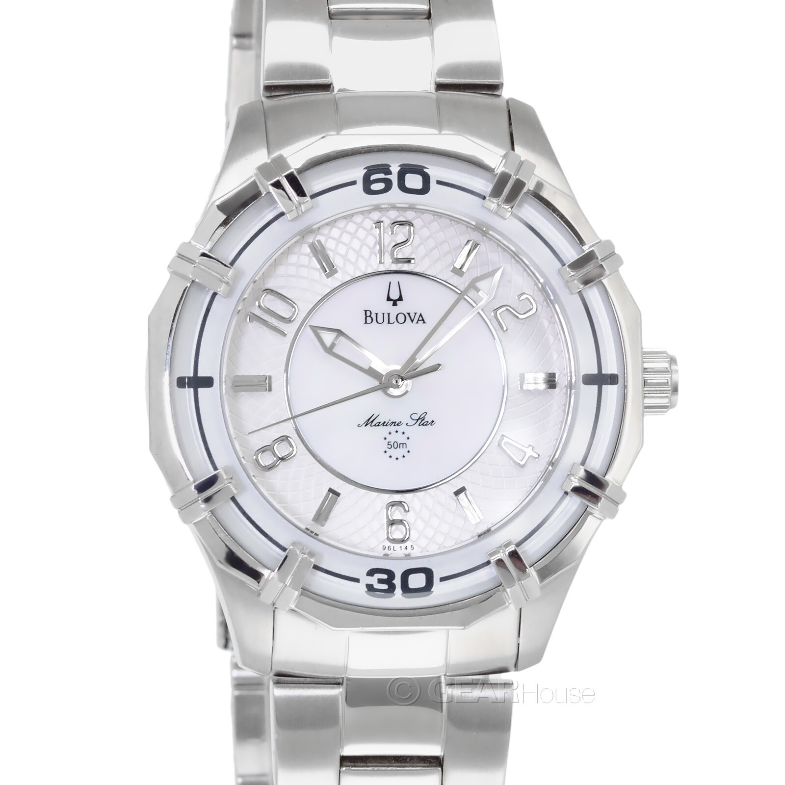 BULOVA Marine Star Womens Watch, White MOP Dial, Silver Stainless Steel Band