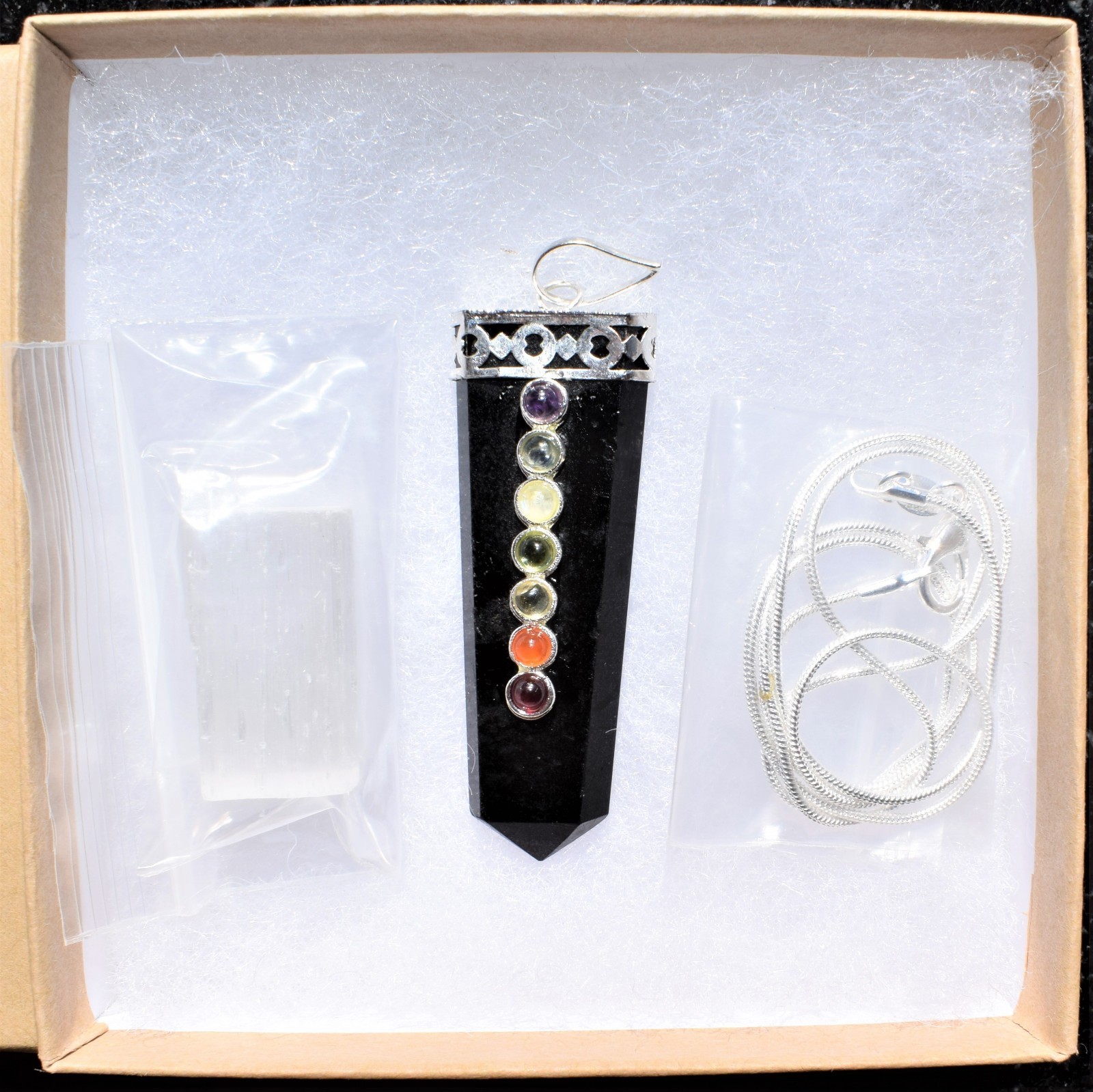 CHARGED 7 Chakra Himalayan Black Tourmaline Pendant + 20″ Stainless Steel Chain