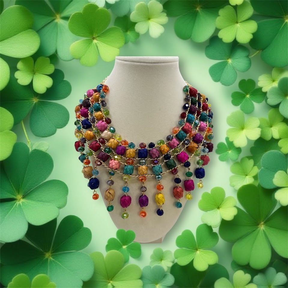 Multicolor Palm Barrel Bead Bib Statement Necklace with Gold-Tone Chain
