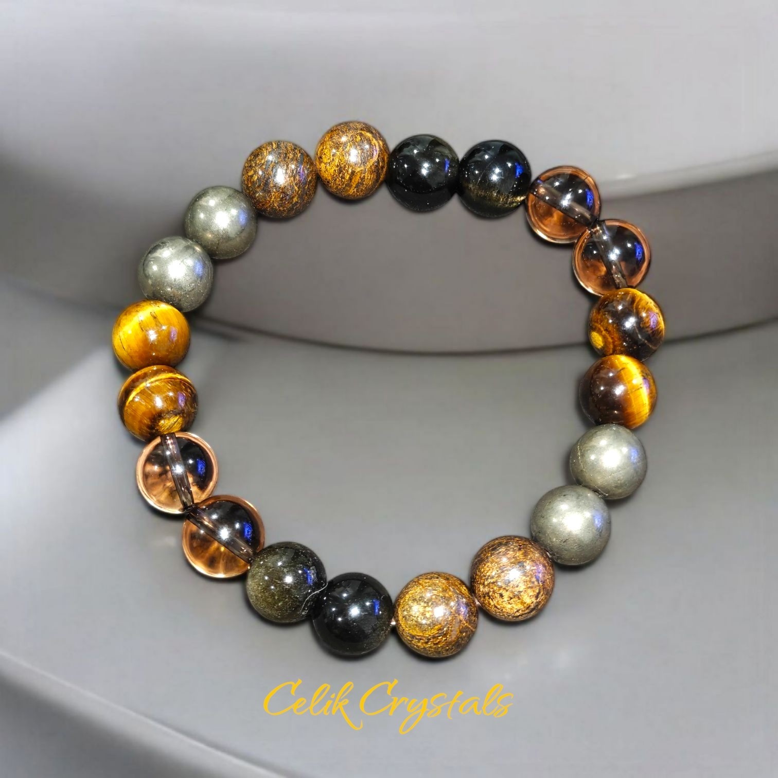 Pyrite, Bronzite, Smoky Quartz, Gold Obsidian, Tiger Eye Bracelet Natural Stones