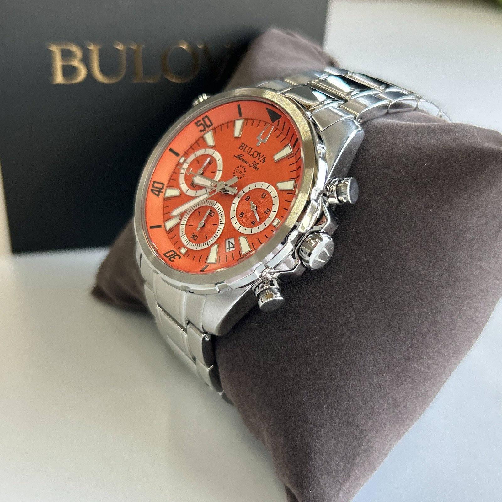 Bulova 96B395 Marine Star Orange Dial Men’s Chronograph Quartz Watch Stainless