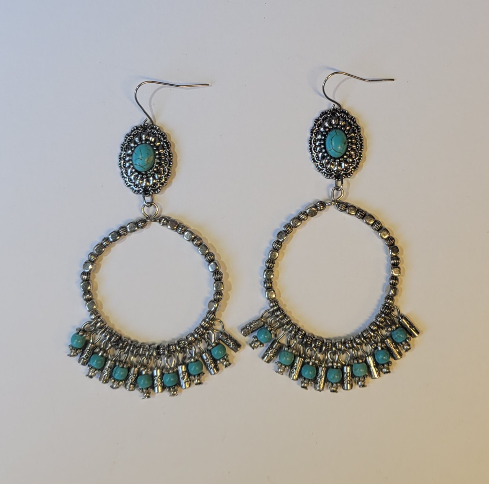 Western Silver Tone Concho Faux Turquoise With Dangling Hoop Pierced Earrings