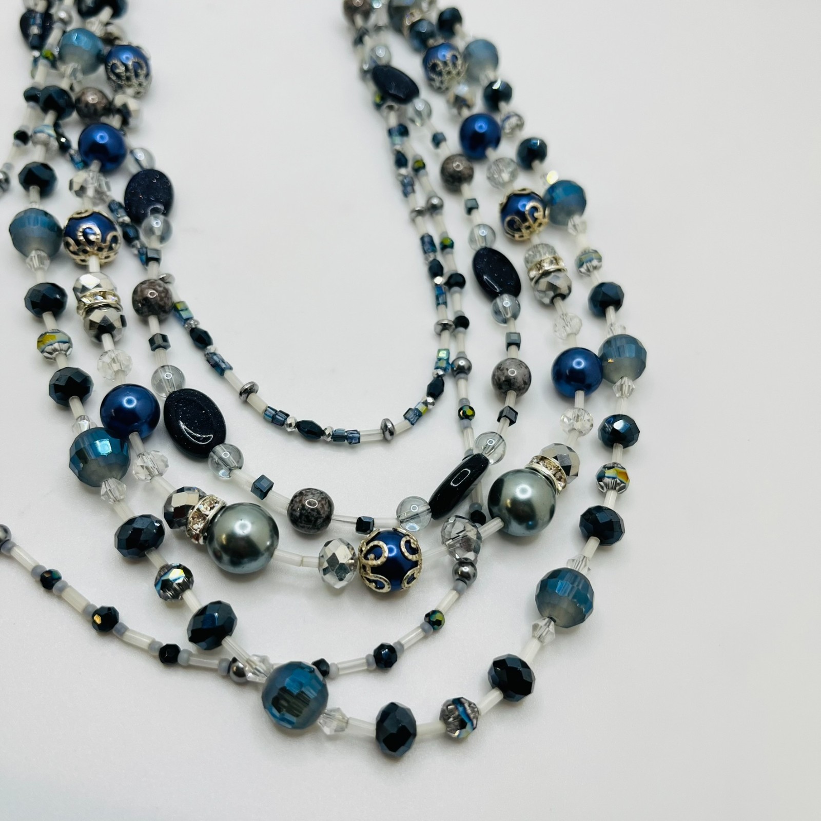 Blue White Silver Beaded 5 Strand Necklace 18″ long – HANDMADE