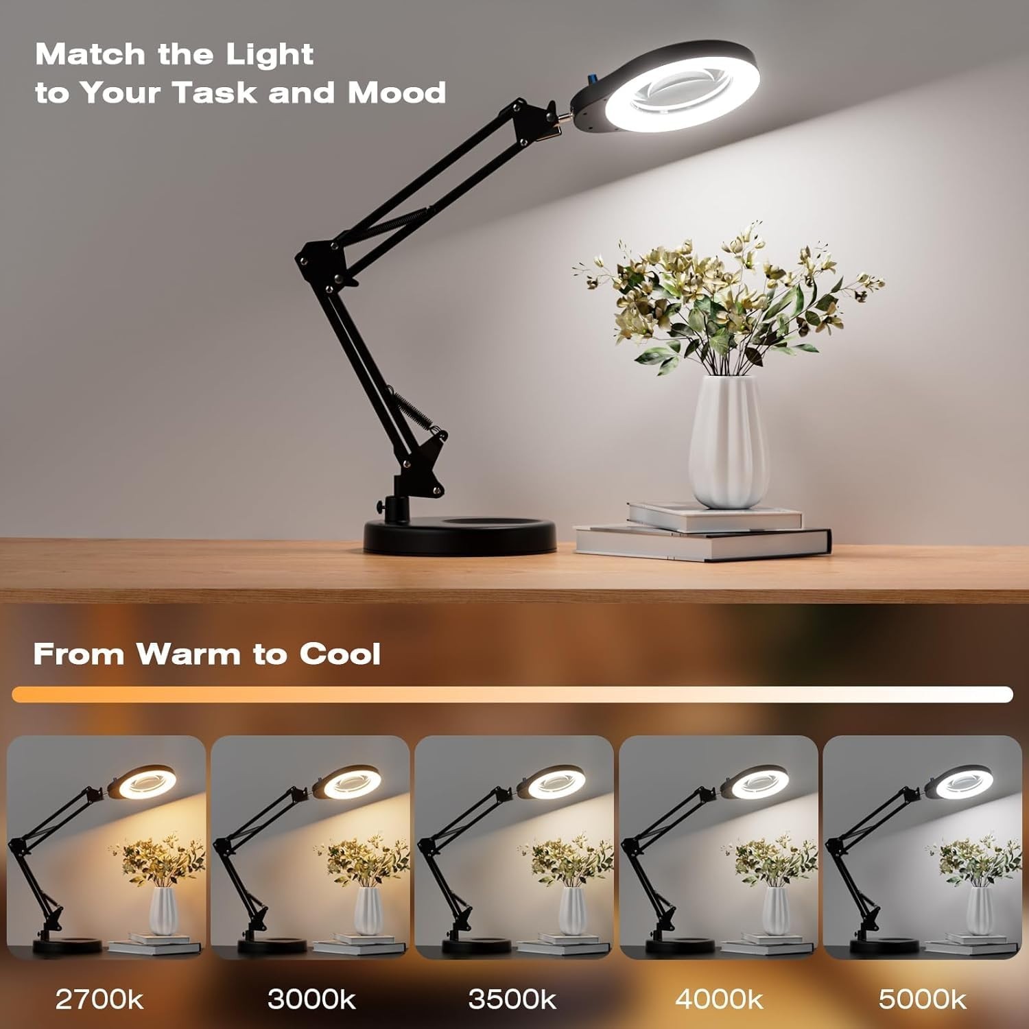 10X LED Magnifying Glass with Light & Stand, 5 Color Modes, Hands-Free Desk Lamp