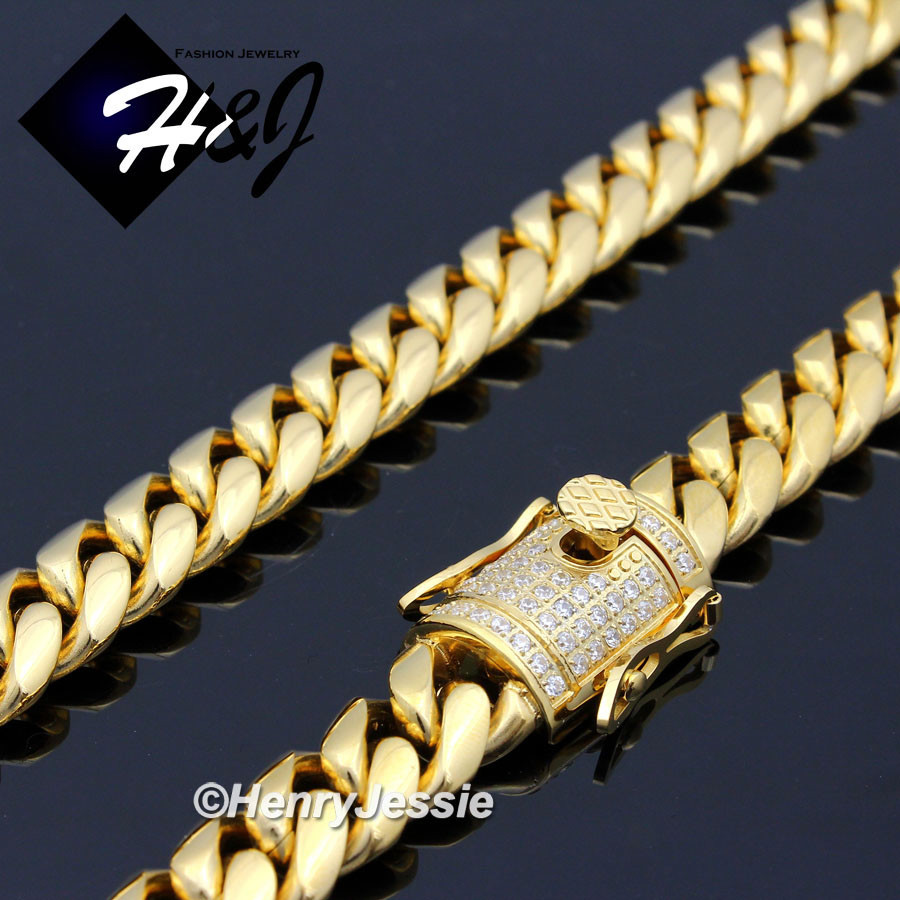 18″-40″MEN Stainless Steel 7mm Gold Plated ICY CZ Miami Cuban Necklace*GN158