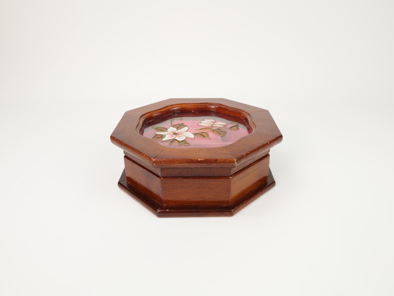 Vintage Octagonal Wood Jewelry Box with Floral Glass Top and Pink Velvet Lining
