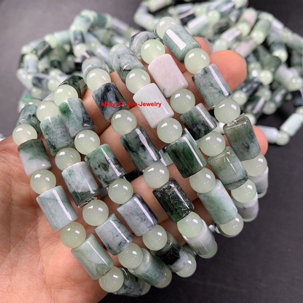 Natural Jadeite Stretch Bracelet Grade A Jade 8.7mm Tube Bead Spacers Bracelet