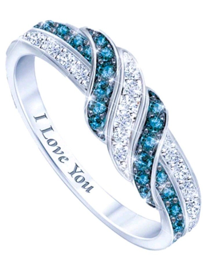 Silver Plated Zinc White/Colorless And Blue Cubic Zirconia Ring Size 6
