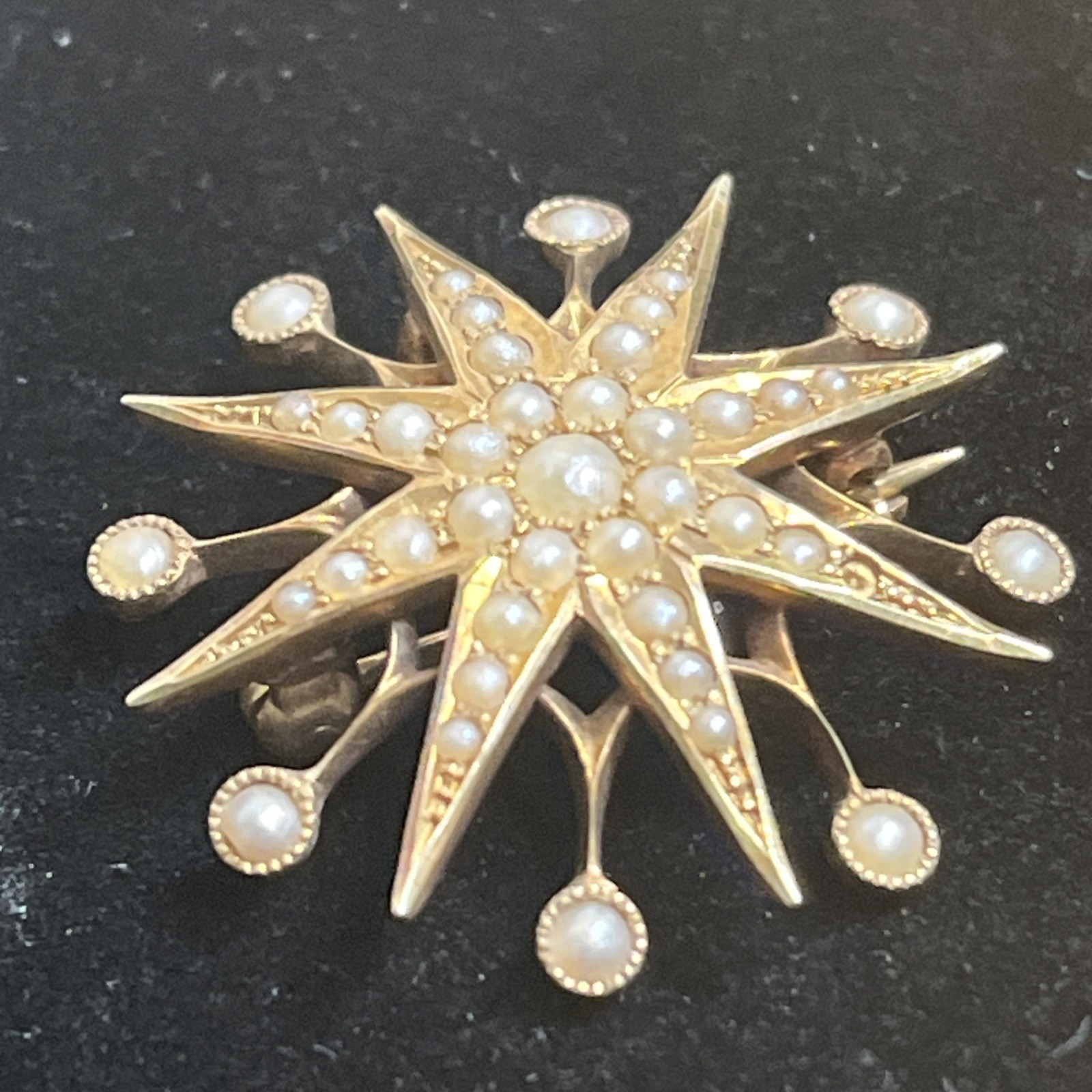 Antique Victorian 14K Gold Starburst Brooch Pin Seed Pearl AJ Hedges Sign 4.64g
