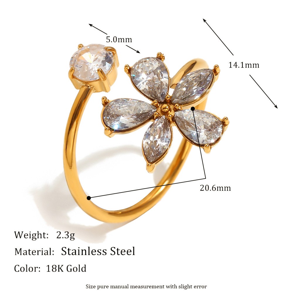 18K Gold Plated Stainless Steel Open Band Ring With Cubic Zirconia Flower Inlay