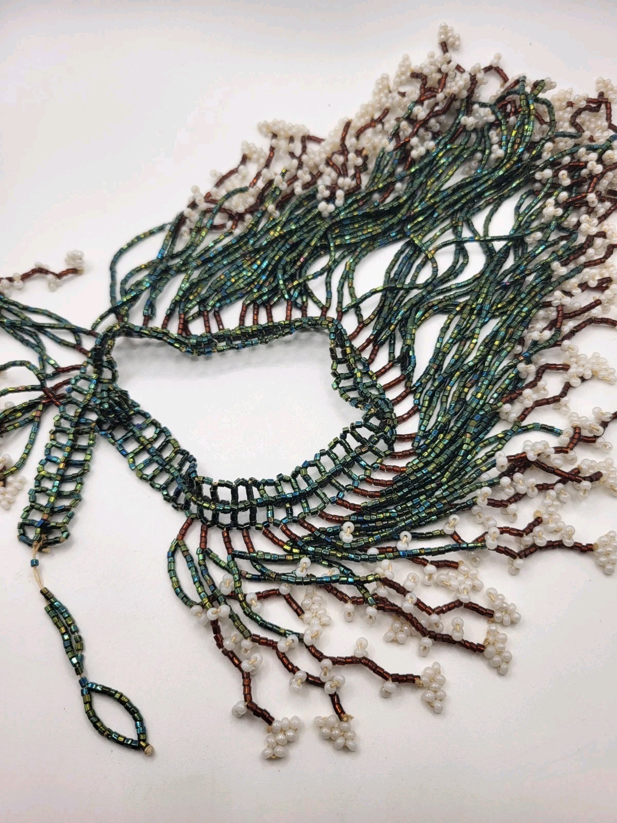 Handmade Blue Iridescent White Seed Bead Fringe Waterfall Choker Bib Necklace