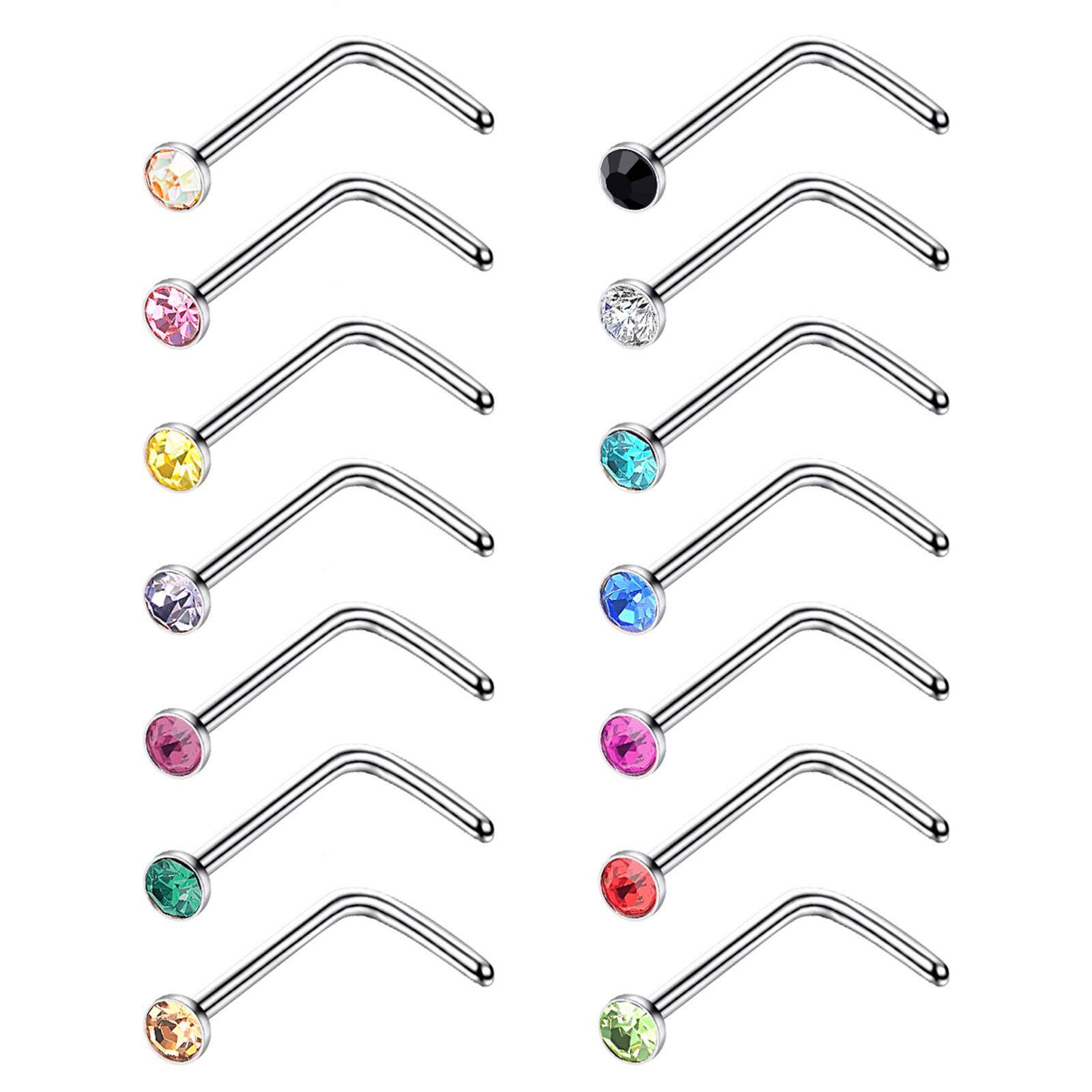 4-16PCS L Bend Nose Ring Stud 316L Steel CZ Daith Helix Ear Studs Piercing Kit