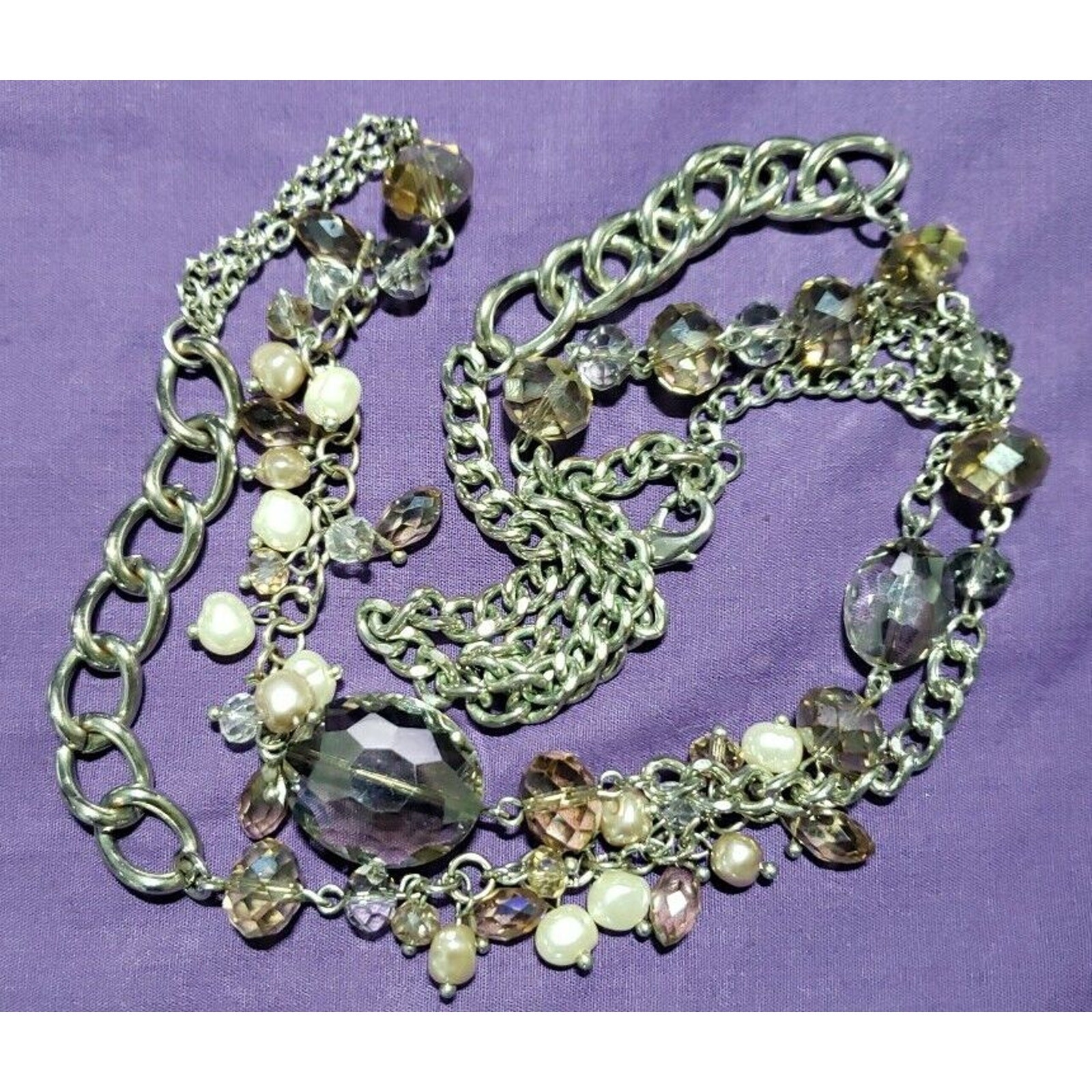 Long Silver Tone Glass Crystal Asymmetrical Necklace, Faux Pearl & Bead Baubles