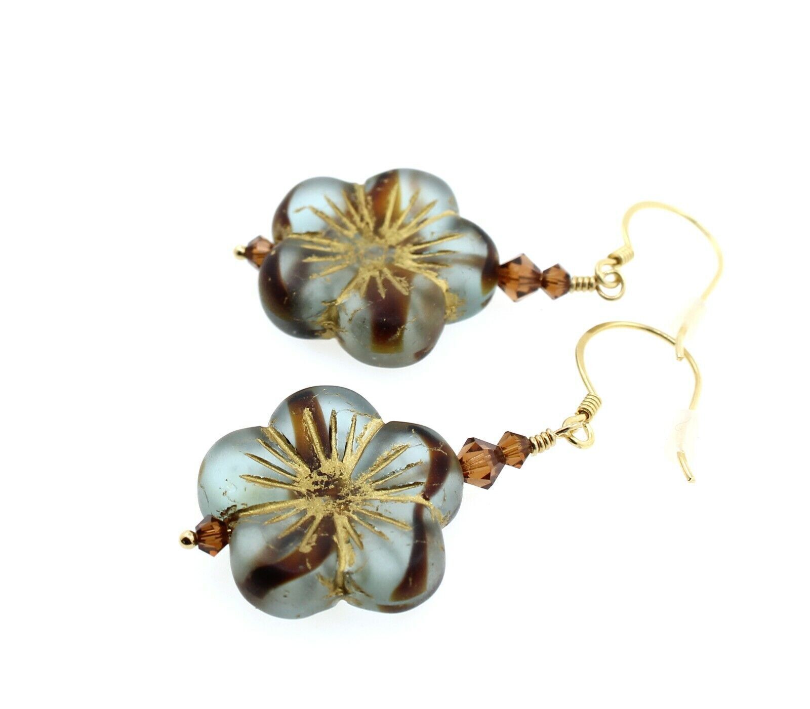 Flower Earrings Frost Seaglass Stripes Blue Glass Caramel Swarovski Vermeil Gold