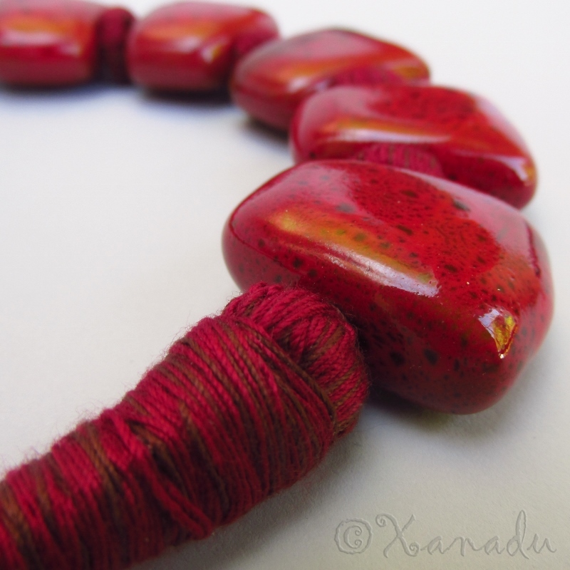 Crimson Red Porcelain Necklace With Eclectic Maroon Red Cotton Thread Chain