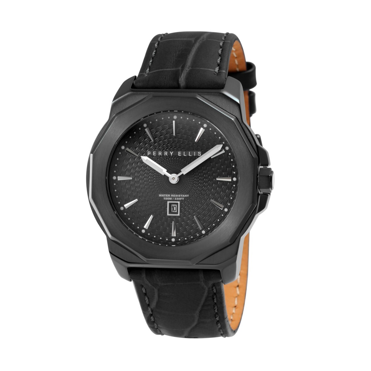 NEW Perry Ellis 42mm Decagon Black SS 100M WR Men’s Watch PEW08007-01 Invicta