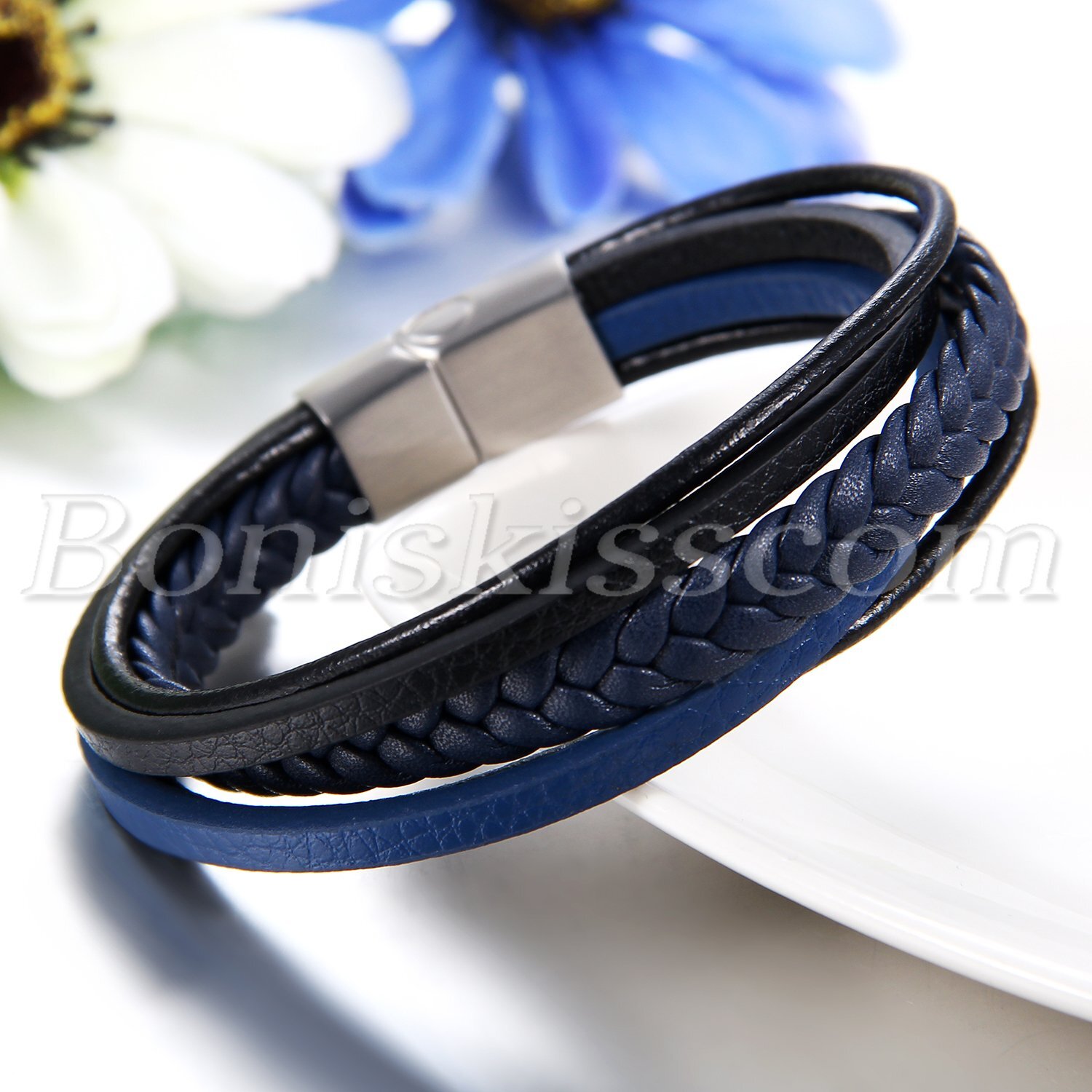 Men’s Multilayer Braided Wheat Leather Stainless Steel Buckle Bracelet Wristband