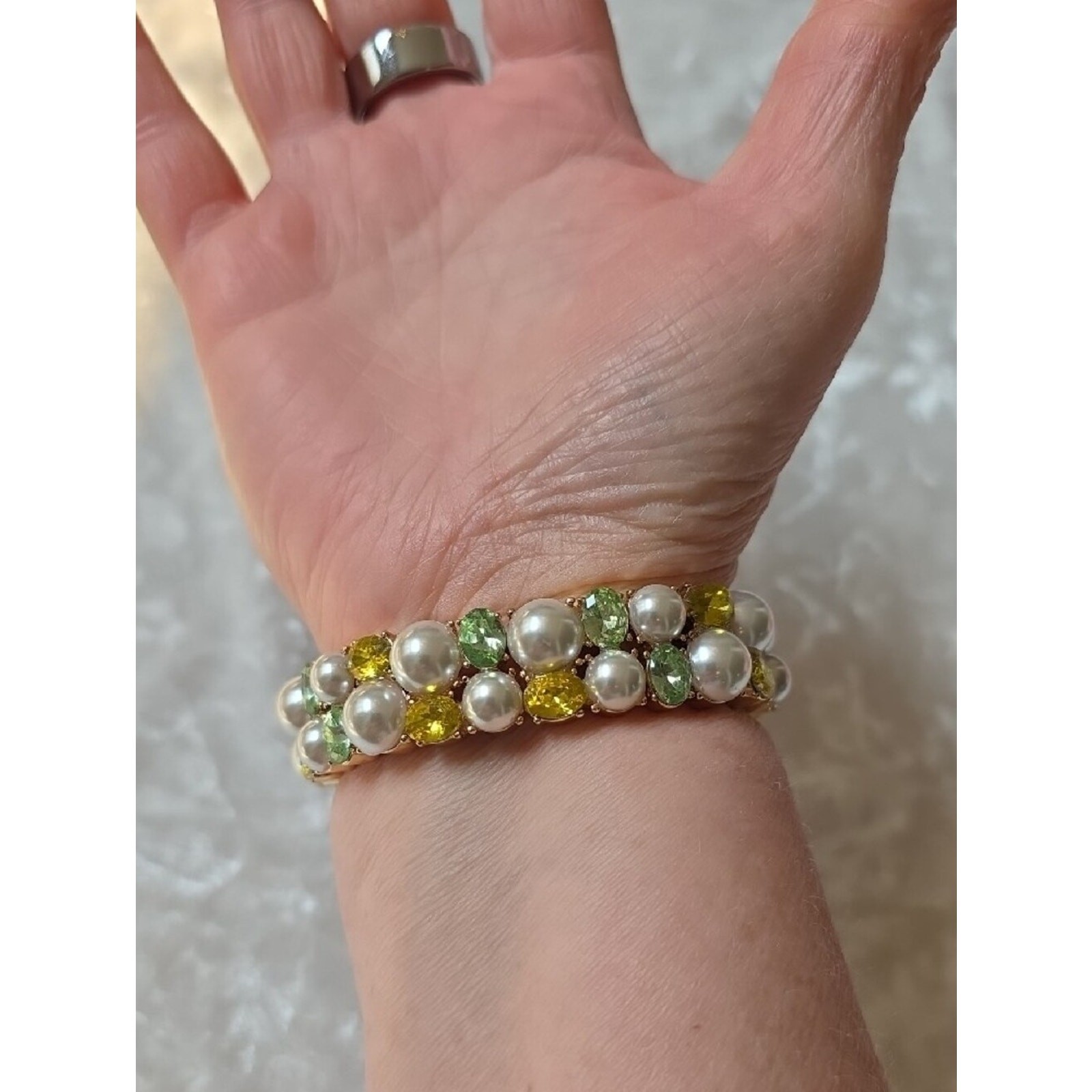 Charter Club Pearl Stretch Bracelet with Yellow and Light Green Crystals