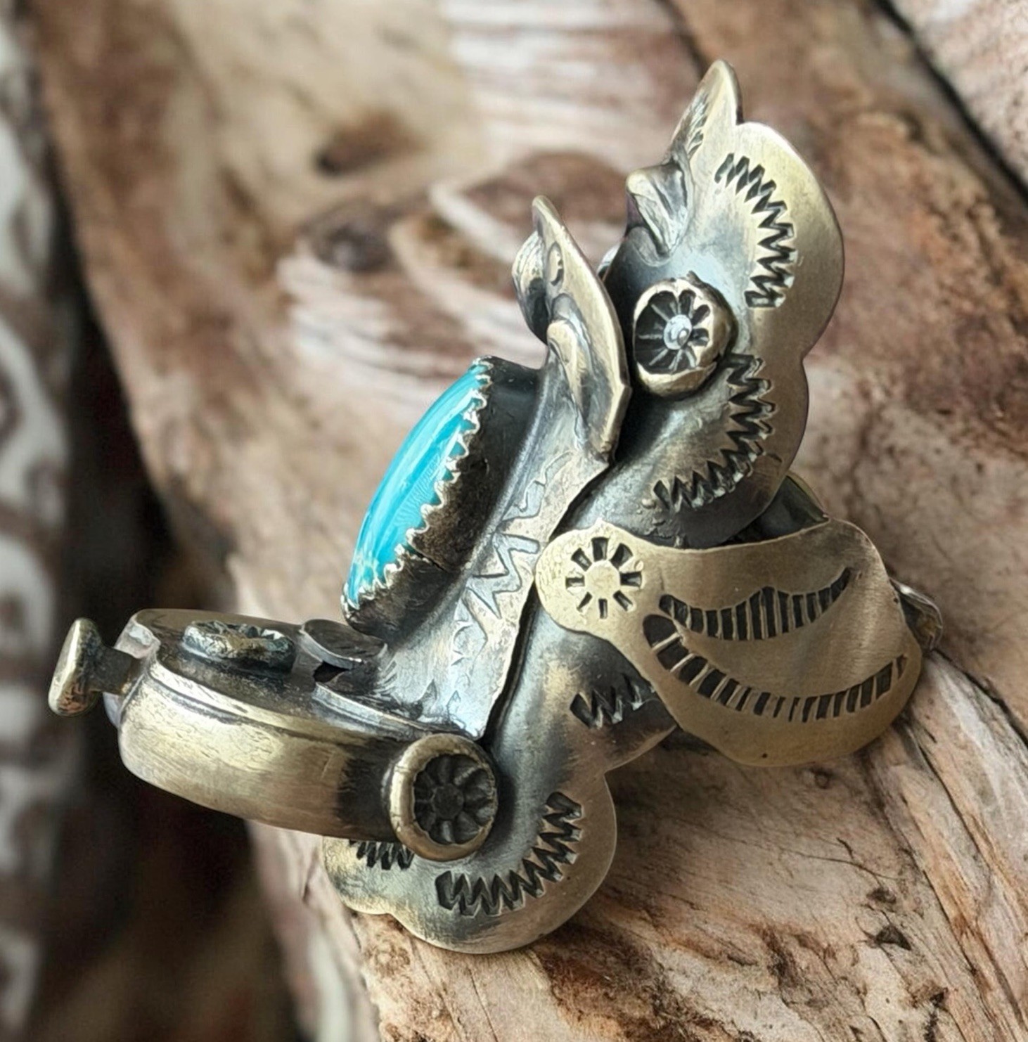 Tim Yazzie Sonoran Turquoise Navajo Sterling Silver Saddle Ring Size 8 Statement
