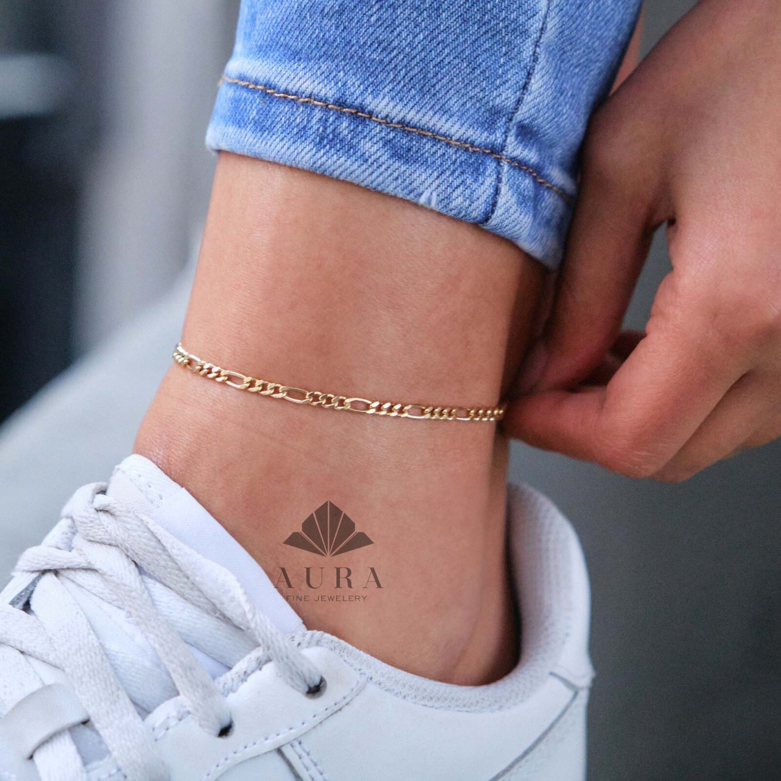 14K Gold Figaro Chain Anklet, 2mm 3mm 4mm 5mm Genuine Gold Chain Anklets, Gold