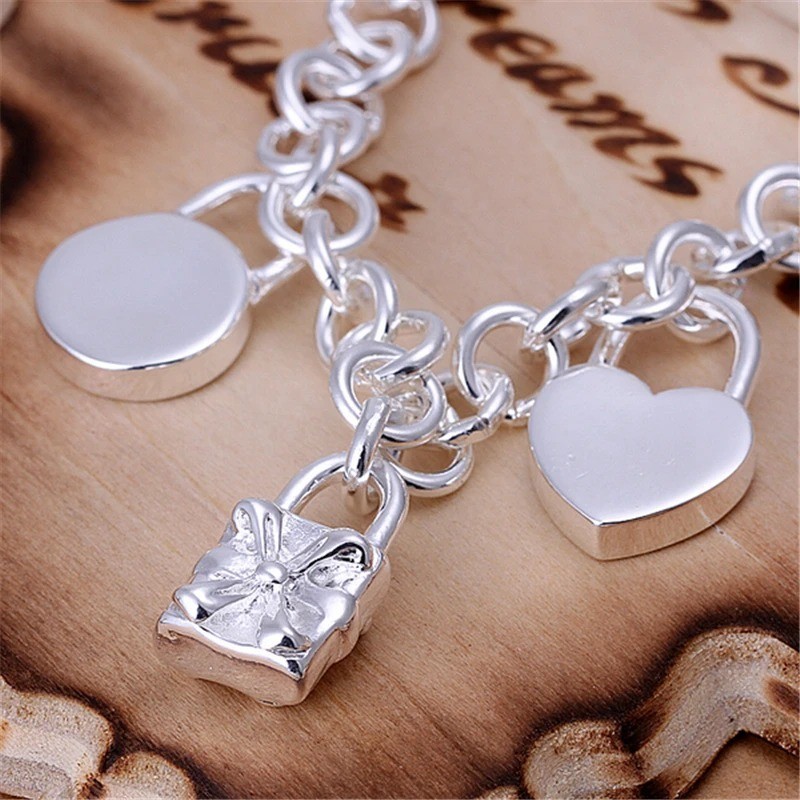 925 Sterling Silver Charm Heart Square Round Lock Necklace Bracelet Set Jewelry