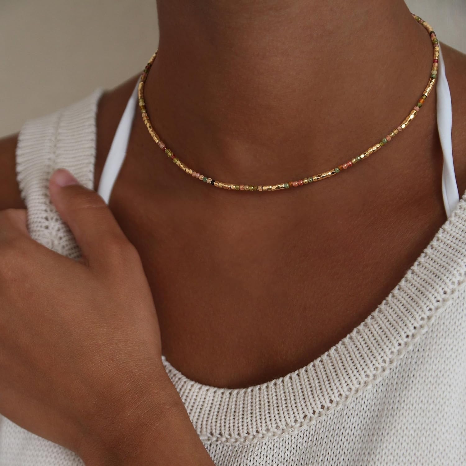 Trendy Handmade Gold Plated Choker – Dainty Tourmaline Bead Layering Necklace