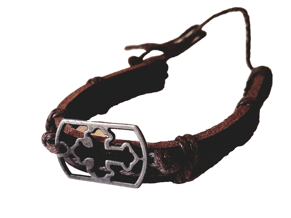 Men’s Cross Brown Hemp Leather Adjustable Bracelet