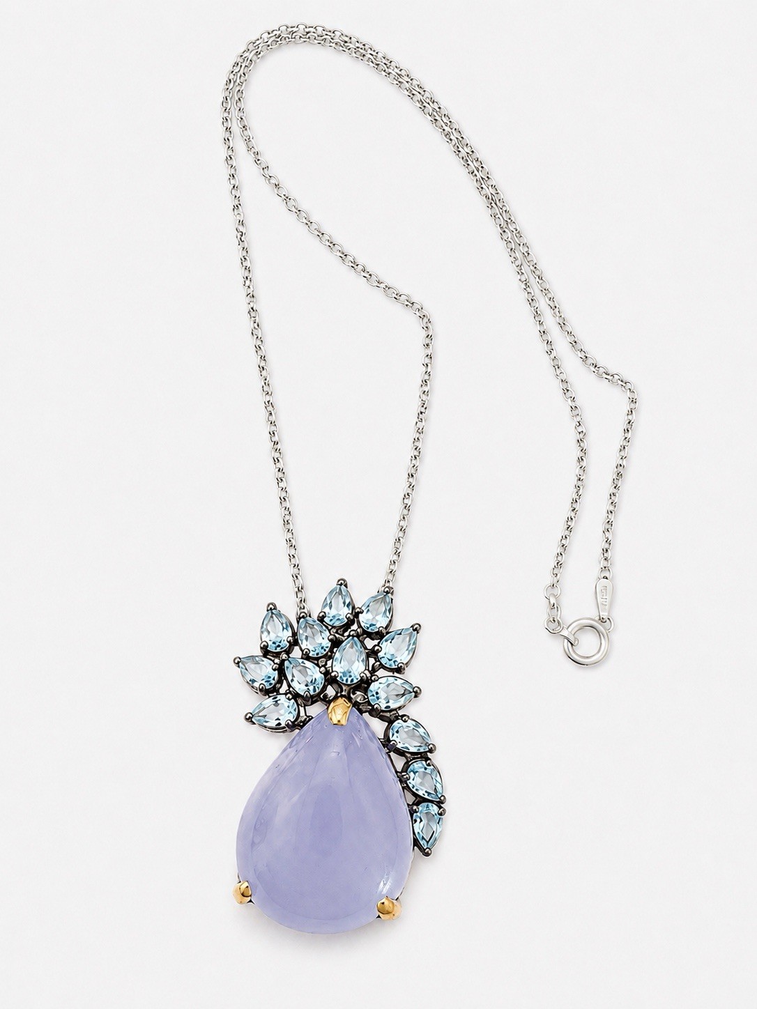 925 Sterling Lavender Chalcedony 18” Necklace Floral Blue Gemstone Pendant