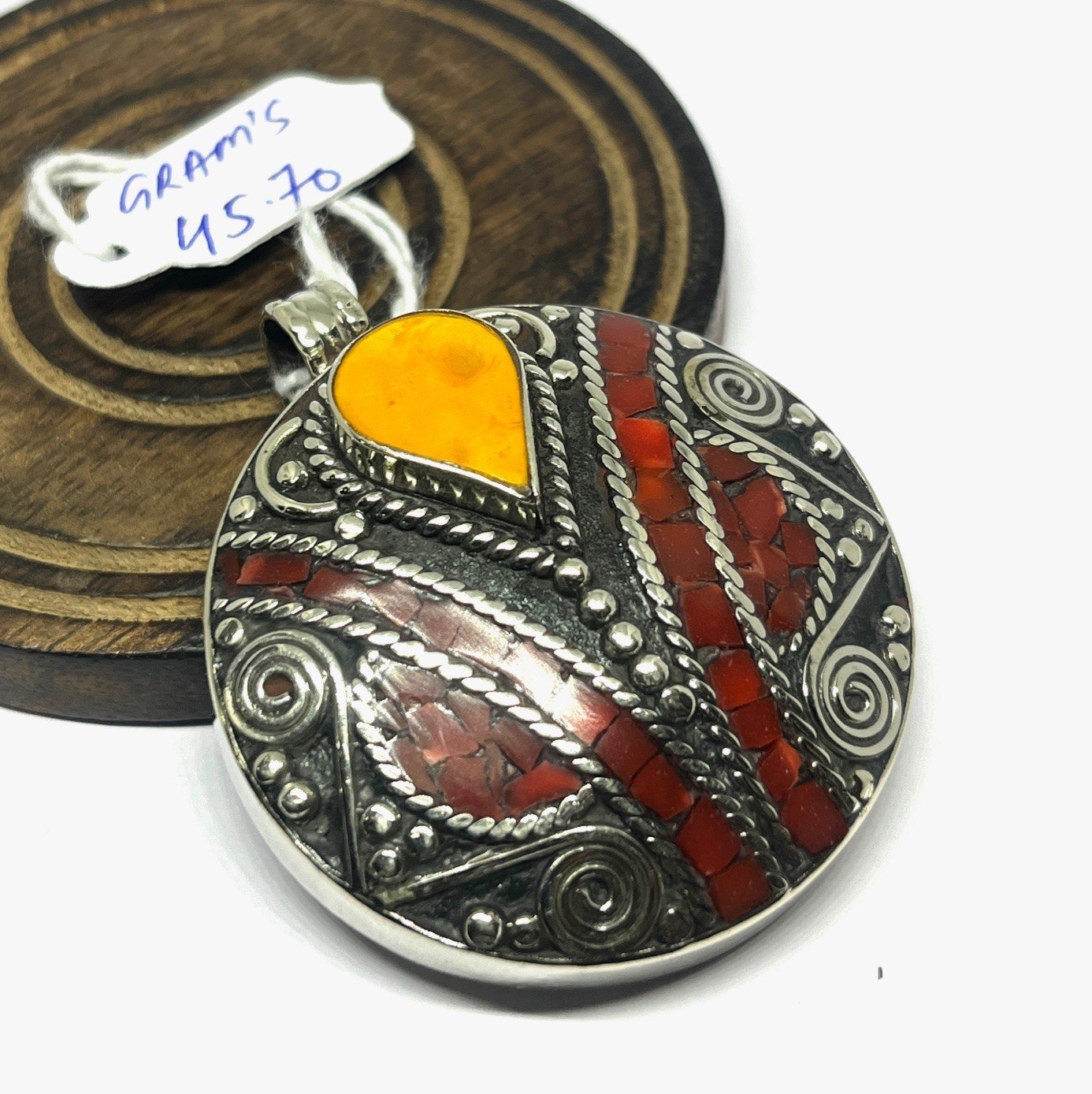 Antique Red Coral Amber Gemstone Tibetan Statement Pendant Jewelry, 2.0 inch