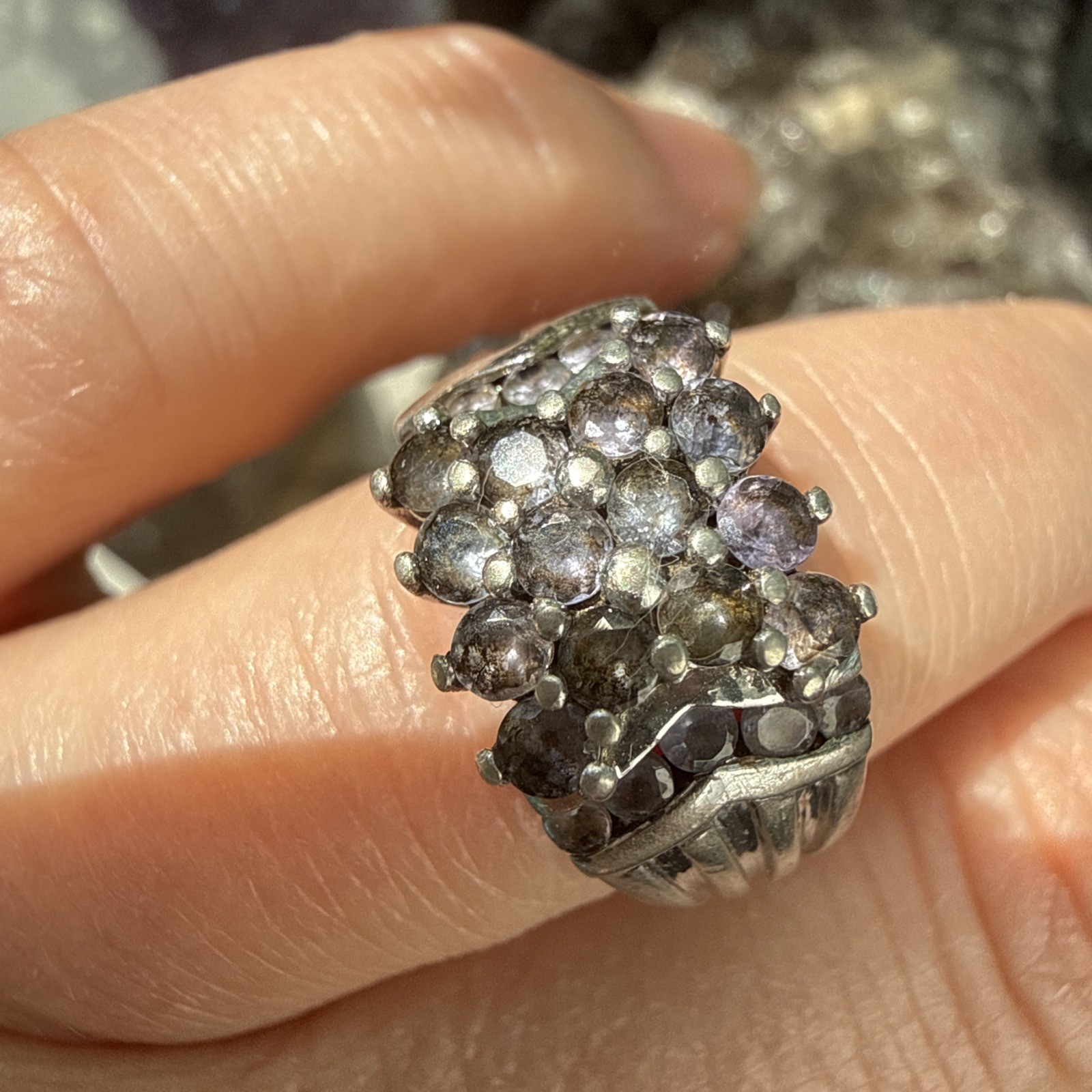 Gorgeous Vintage JS 925 Sterling Silver Cluster Ring Dome Statement Size 6 6.80g