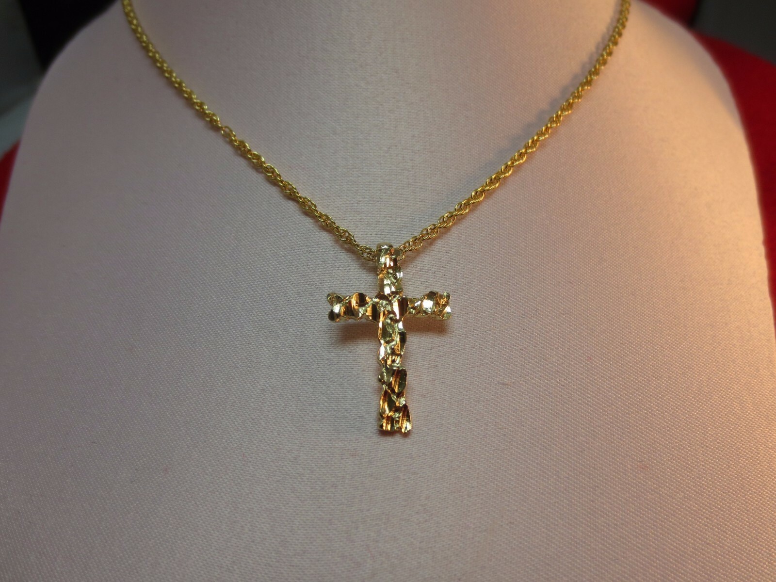 14 KT GOLD PLATED NUGGET CROSS RELIGIOUS CHARM & 16″-30″ ROPE CHAIN SET-2641