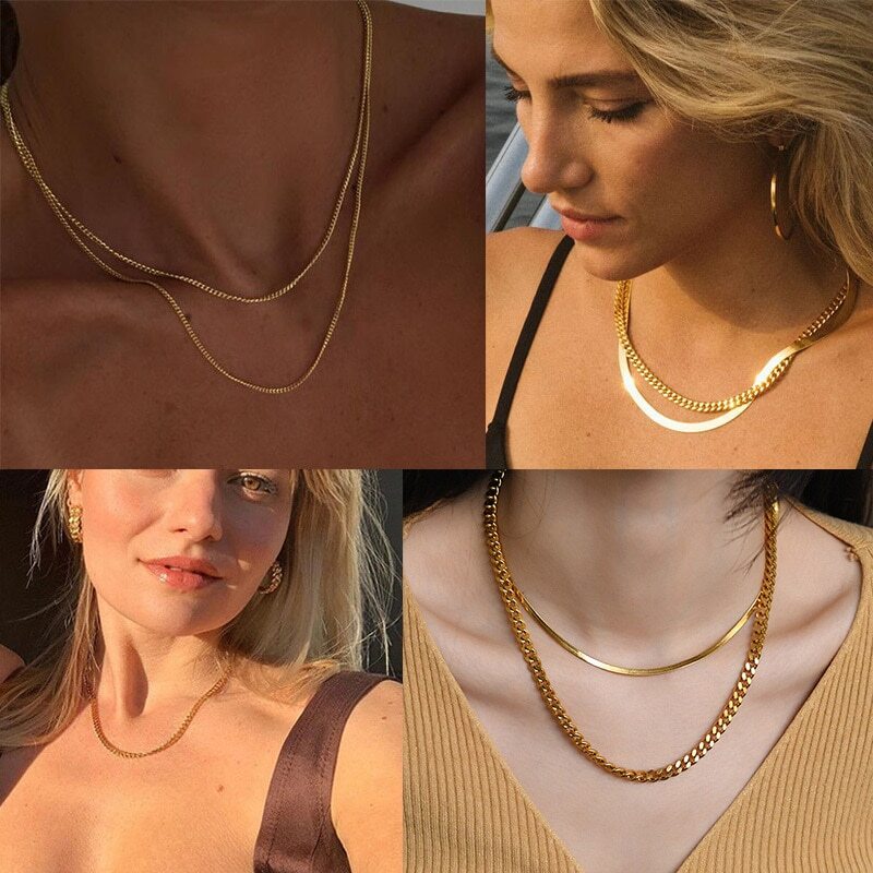 Cuban Chain Necklace Basic Stainless Steel Link Chain Chokers Vintage Colla