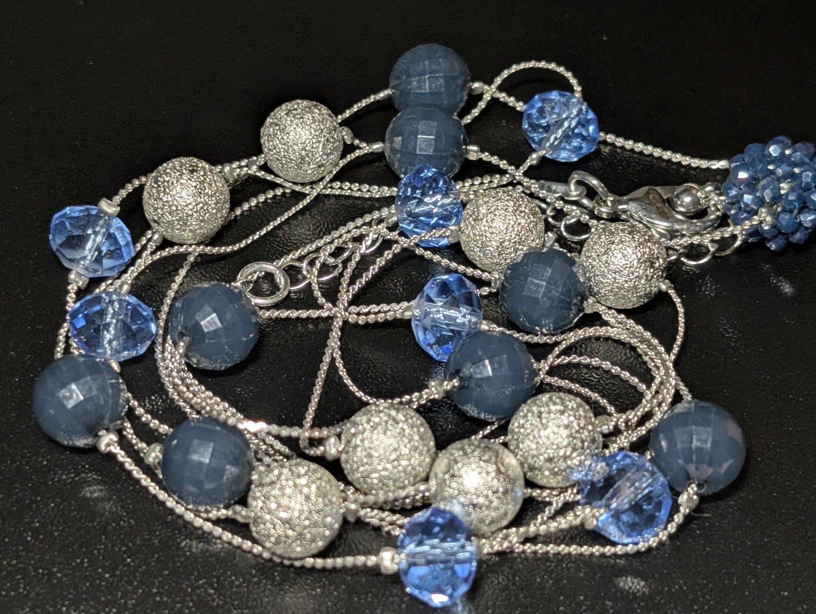Silver Tone Double Strand Blue Crystal Beaded Necklace Stardust Ball Cluster…