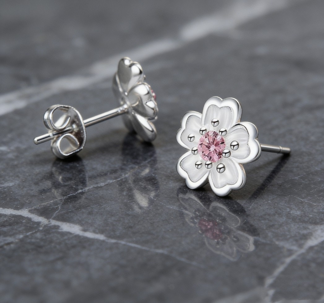 Elegant Pink CZ Cherry Blossom Silver Plated Stud Earrings Versatile Accessories