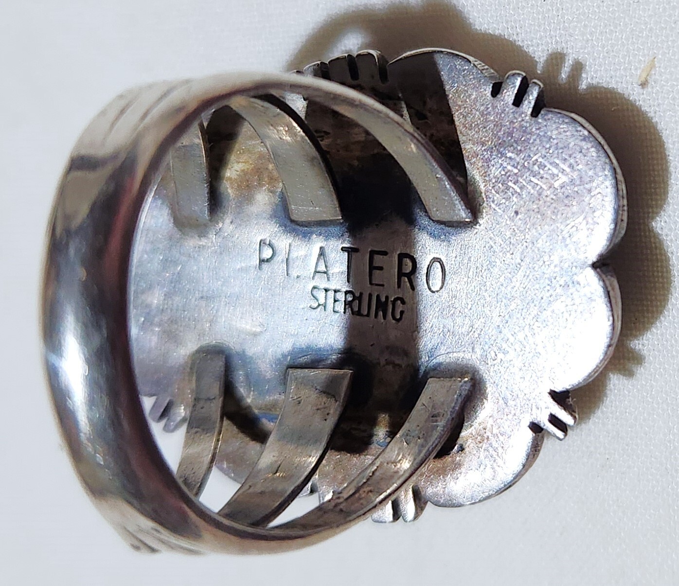 Artist Signed Platero Navajo Morenci Turquoise Shadow Box Sterling Silver Ring