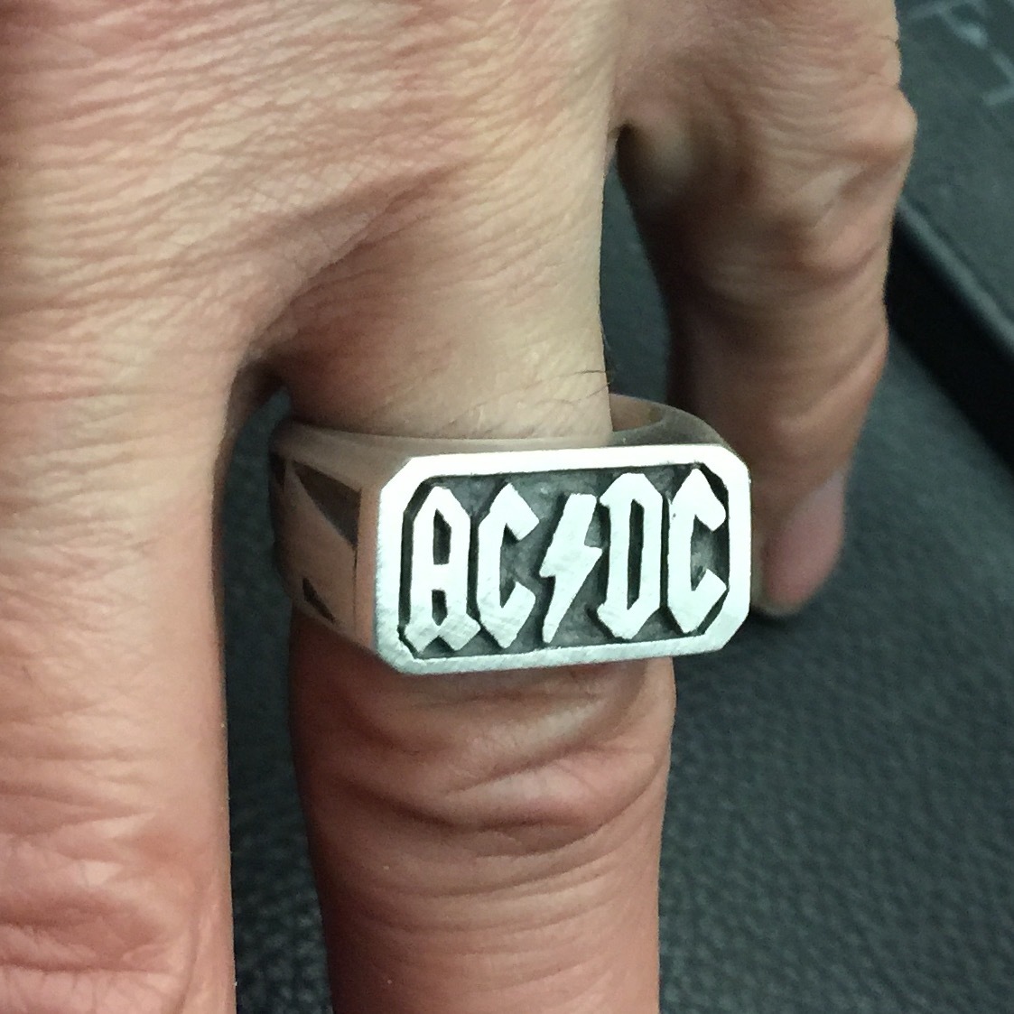 MJG STERLING SILVER RING. AC/DC. SIZE 10. BIKER. GUITAR PLAYER. SG. ANGUS
